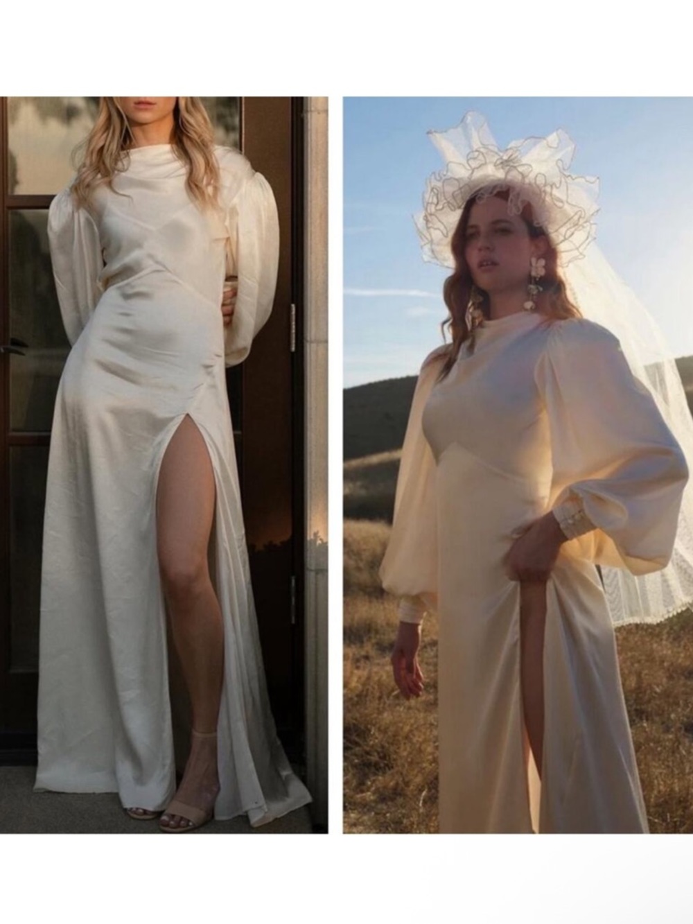 NWT For Love And Lemons Rosalia Long Sleeve Satin Puff Sleeve Maxi Gown Dress
